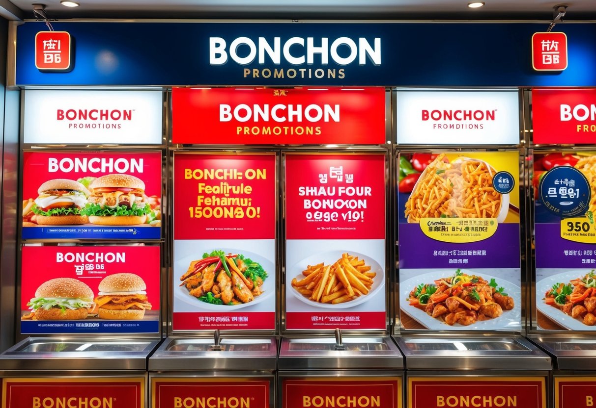 A vibrant display of Bonchon promotions, featuring colorful signage and enticing food imagery