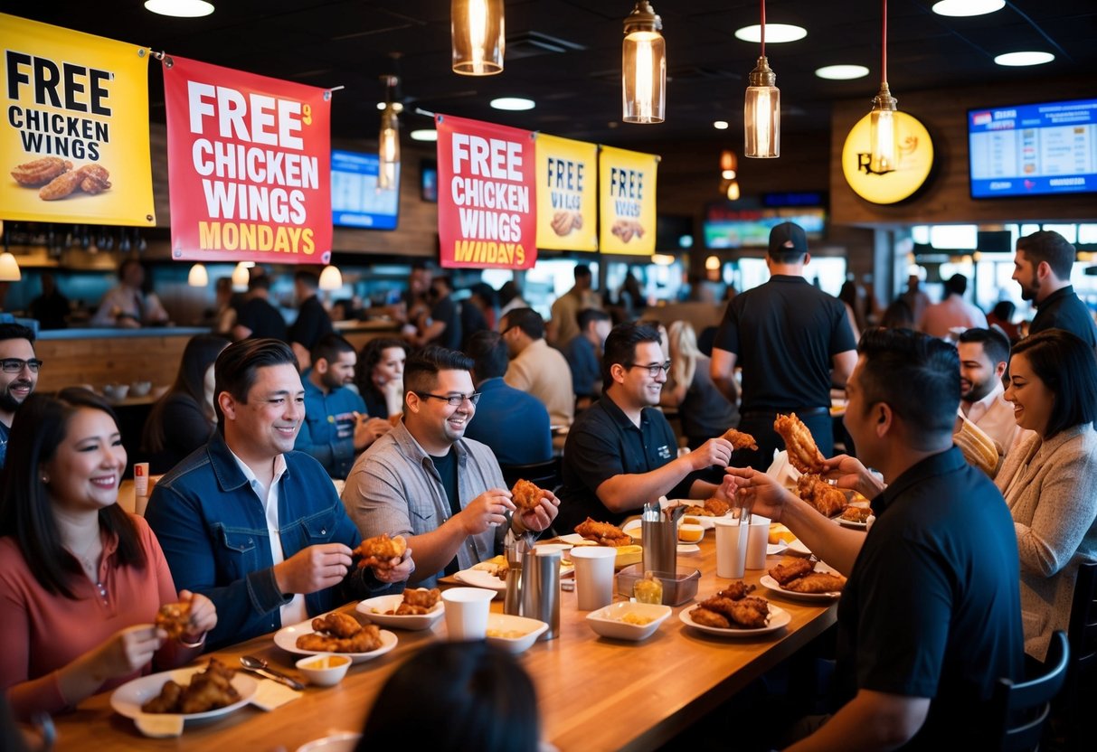 A crowded restaurant with people enjoying chicken wings, banners promoting Free Chicken Wings Mondays, and staff serving customers