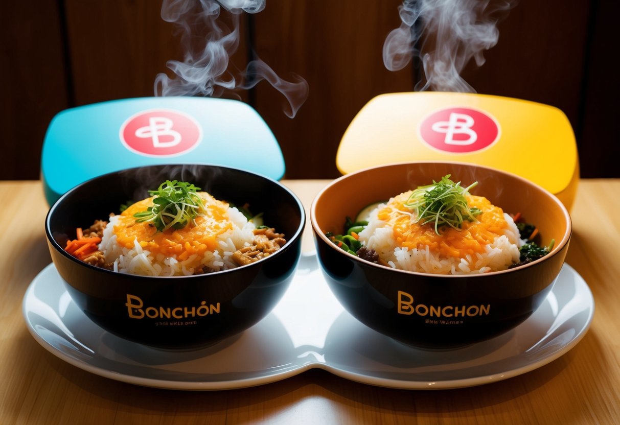 A steaming bowl of Bibimbap sits next to an identical one, with vibrant colors and fresh ingredients, surrounded by the Bonchon logo