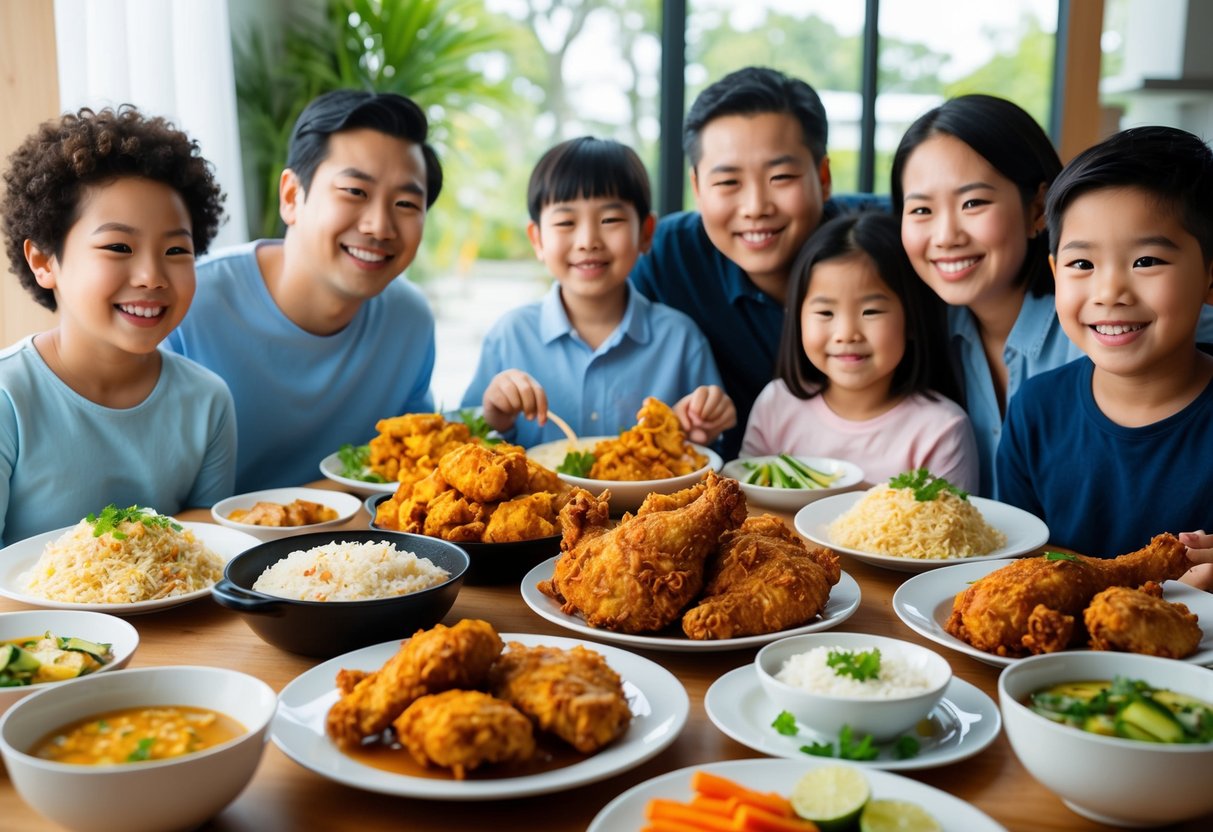 A table set with a variety of savory dishes, including fried chicken, rice, and sides, surrounded by happy family members