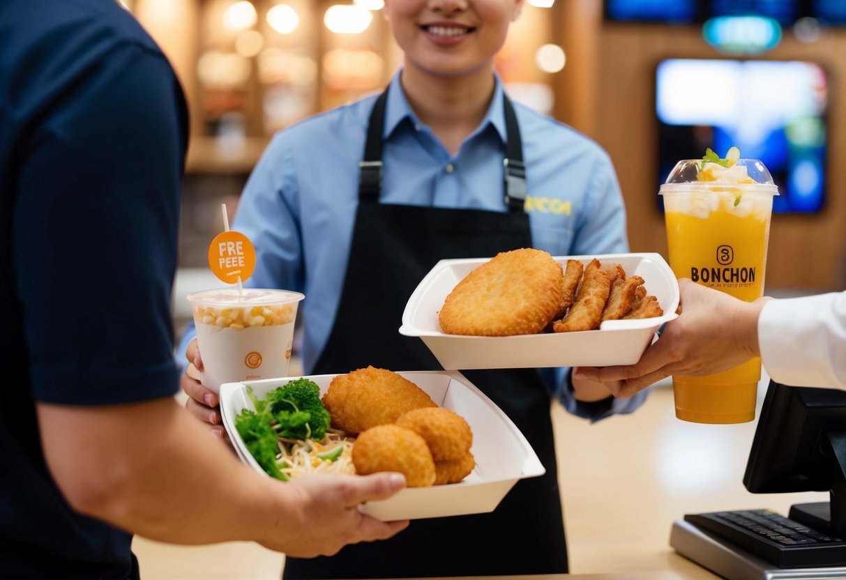 A person holding a large order of Bonchon food and receiving a free drink from a cashier