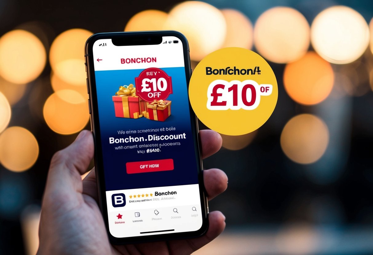 A smartphone displaying the Bonchon app with a prominent £10 discount offer
