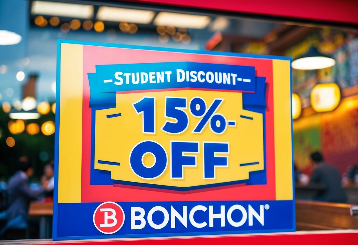 A colorful sign outside a Bonchon restaurant, featuring the words "Student Discount - 15% Off" with vibrant graphics and the Bonchon logo