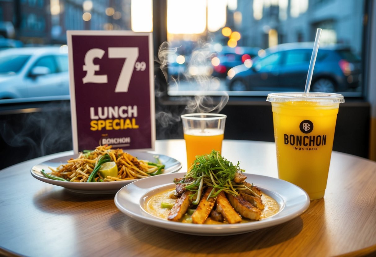 A table set with a steaming plate of food, a drink, and a promotional sign for the £7.99 lunch special at Bonchon