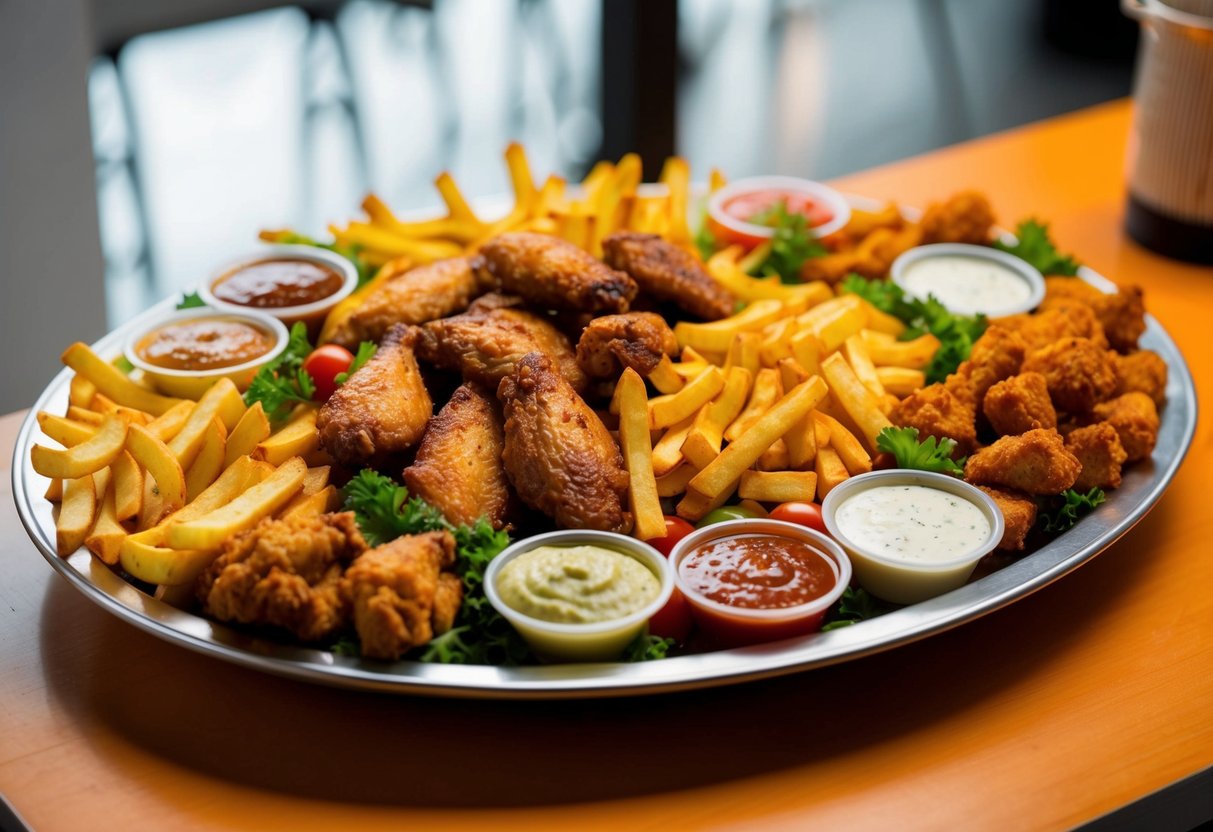 A colorful platter of mixed food items, including chicken wings, fries, and other appetizers, arranged attractively on a serving tray