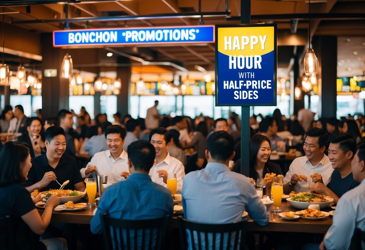 A crowded restaurant with people enjoying food and drinks, with a prominent sign advertising "Happy Hour with Half-Price Sides" bonchon promotions