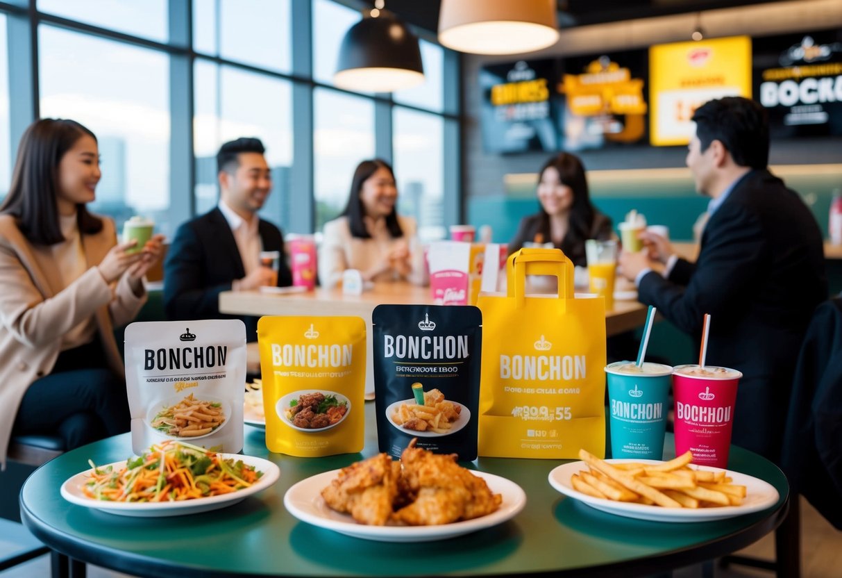 A table with various Bonchon promotional items displayed, including food and drink specials, with customers enjoying the deals in the background
