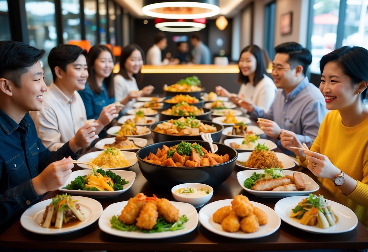 A table filled with various Bonchon dishes, surrounded by happy customers enjoying their meals