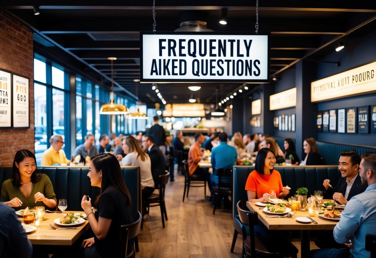 A bustling restaurant with people enjoying food, a prominent "Frequently Asked Questions" sign, and various promotional materials displayed throughout the space