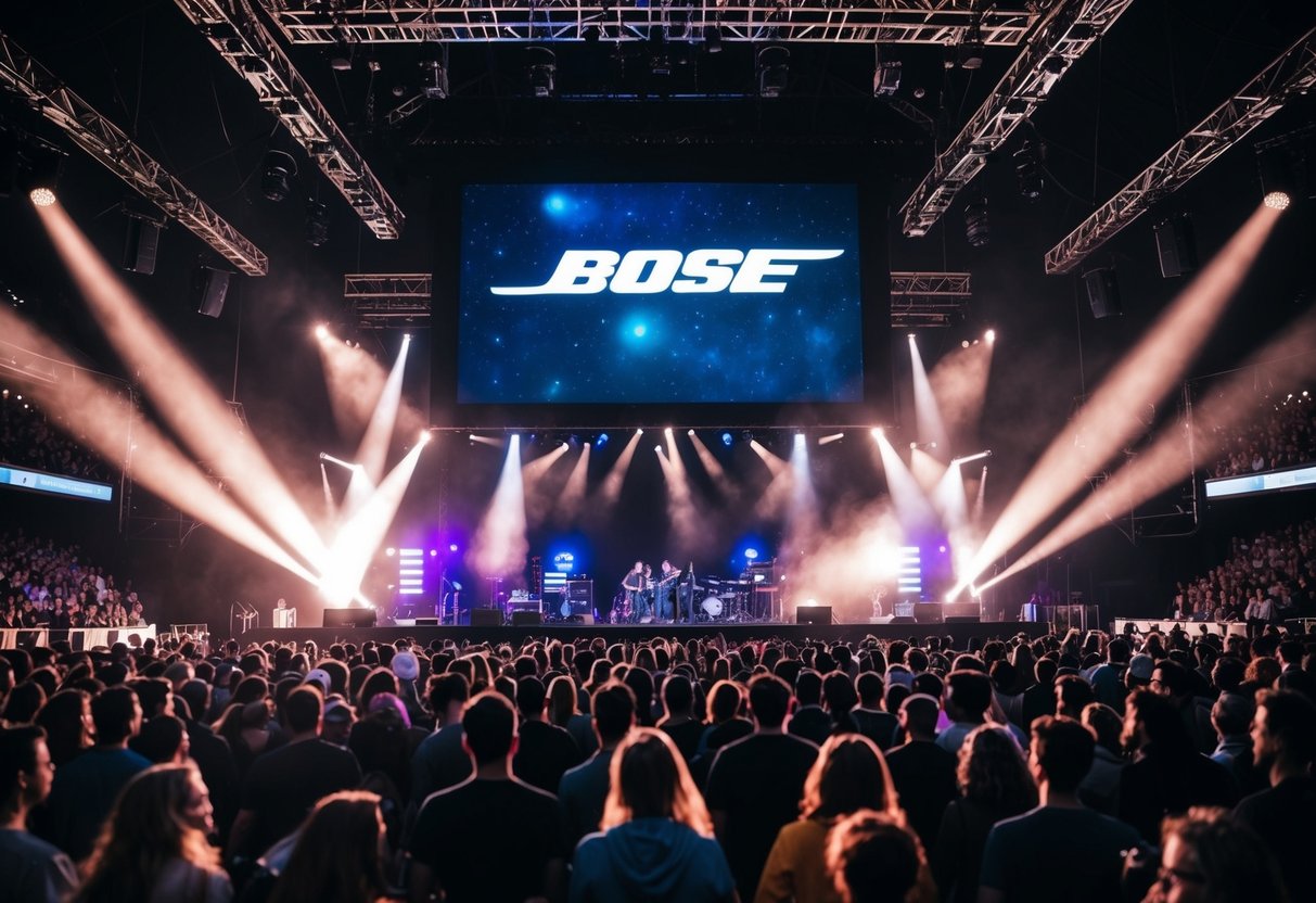 A crowded concert venue with flashing lights and a prominent Bose logo displayed on a large screen above the stage