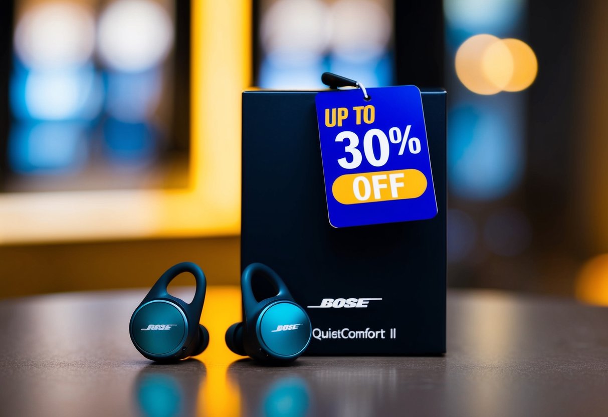 A pair of Bose QuietComfort Earbuds II displayed with a prominent "Up to 30% off" promotion tag