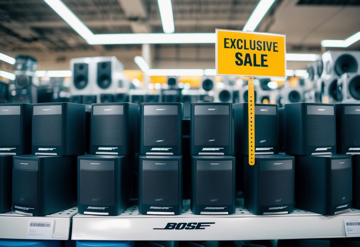 A crowded electronics store with shelves of Bose SoundLink speakers and a prominent "Exclusive Sale" sign