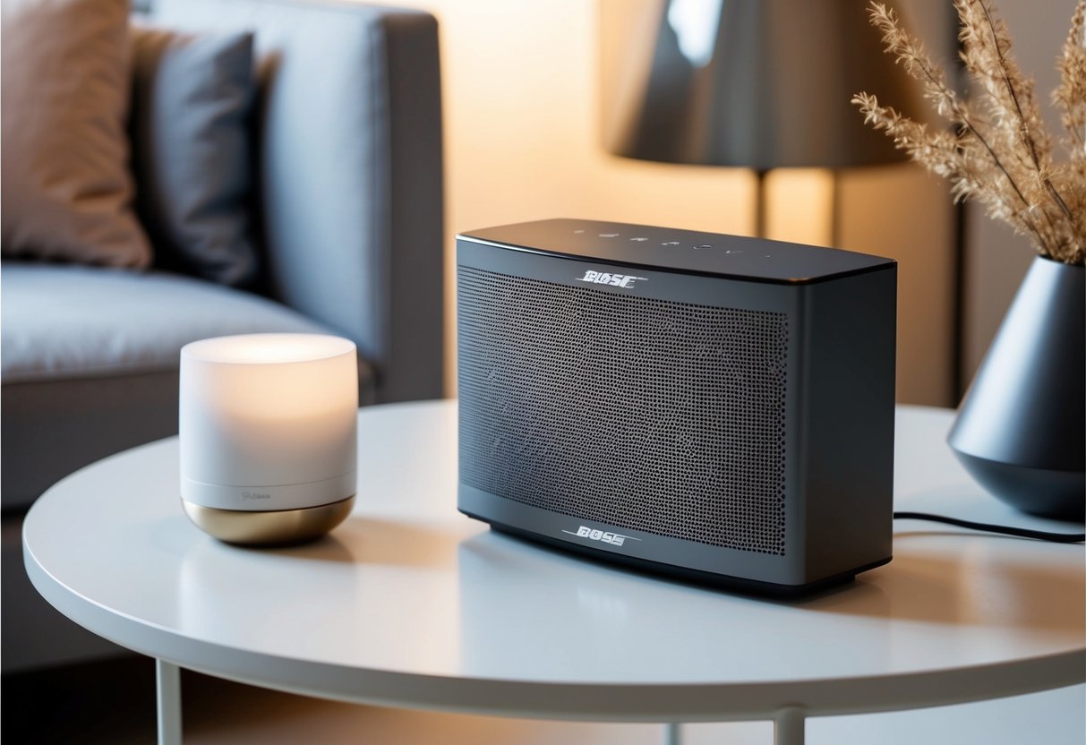 A sleek Bose Home Speaker 500 sits on a modern, minimalist table with soft ambient lighting, surrounded by stylish decor