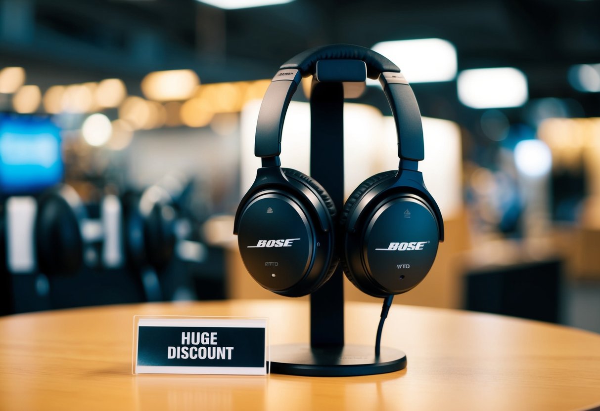 A pair of Bose Noise Cancelling Headphones 700 displayed prominently with a "huge discount" sign next to them