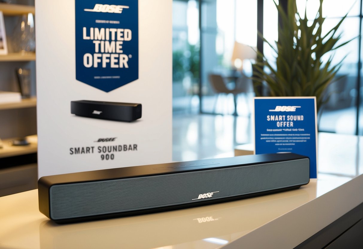 A sleek Bose Smart Soundbar 900 displayed with a "limited time offer" banner and promotional materials