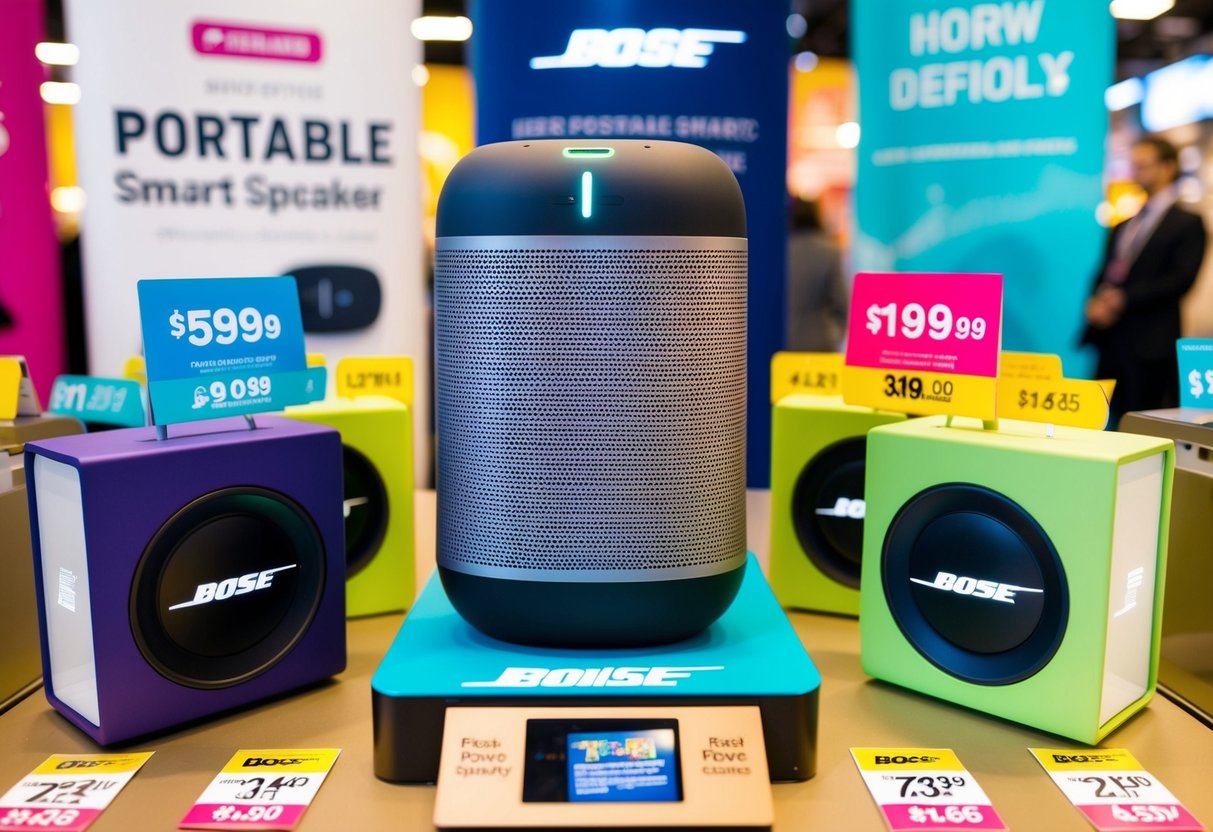 A colorful display of the Bose Portable Smart Speaker surrounded by promotional banners and discounted price tags