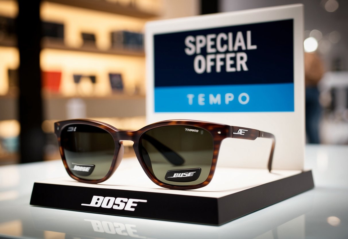 A pair of Bose Frames Tempo sunglasses displayed with a special offer sign nearby