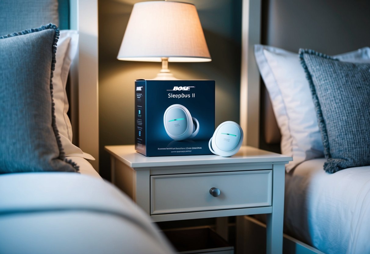 A serene bedroom with a nightstand displaying the Bose Sleepbuds II packaging, surrounded by soft pillows and a cozy bed