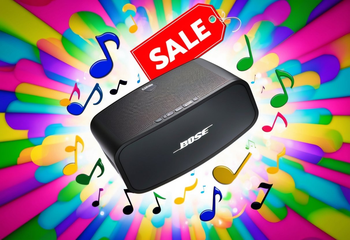 A Bose SoundLink Revolve+ (Series II) speaker surrounded by colorful, swirling music notes and a large "SALE" tag