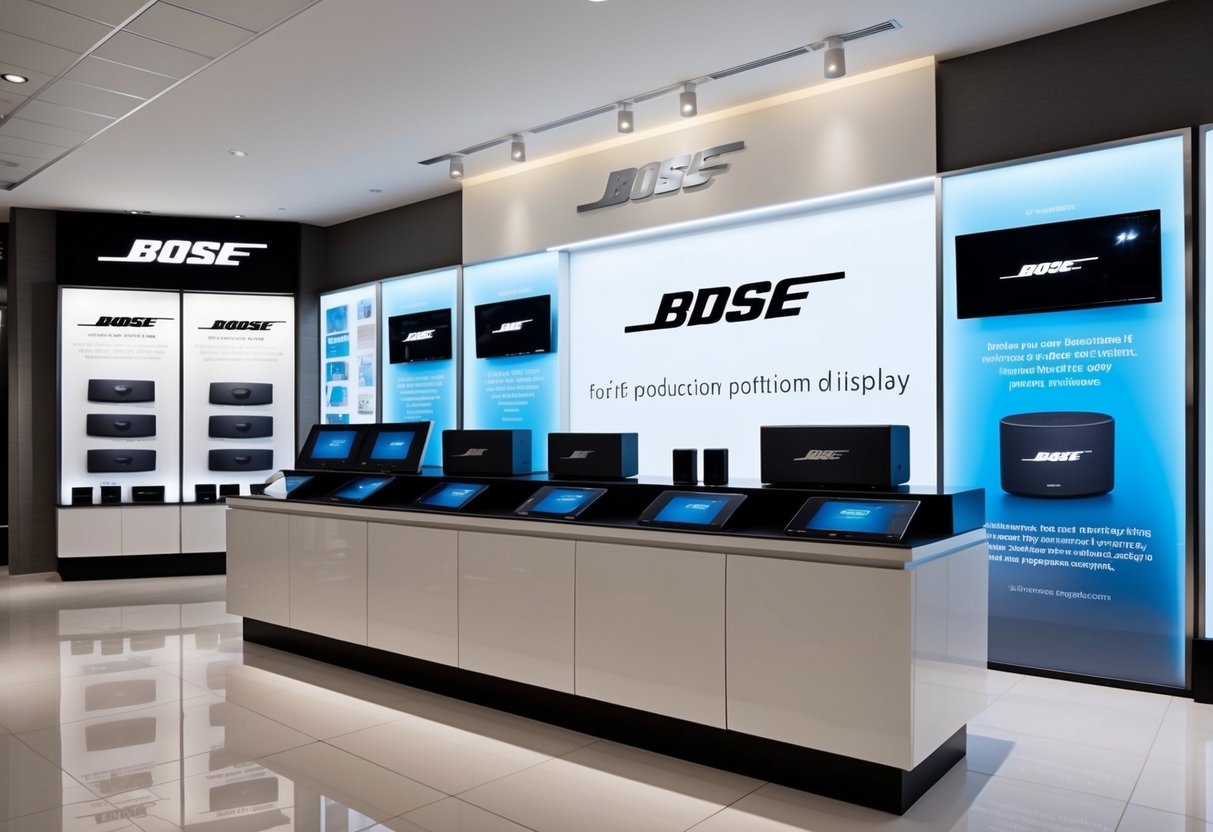 A sleek, modern store display featuring the latest Bose products with eye-catching promotional signage