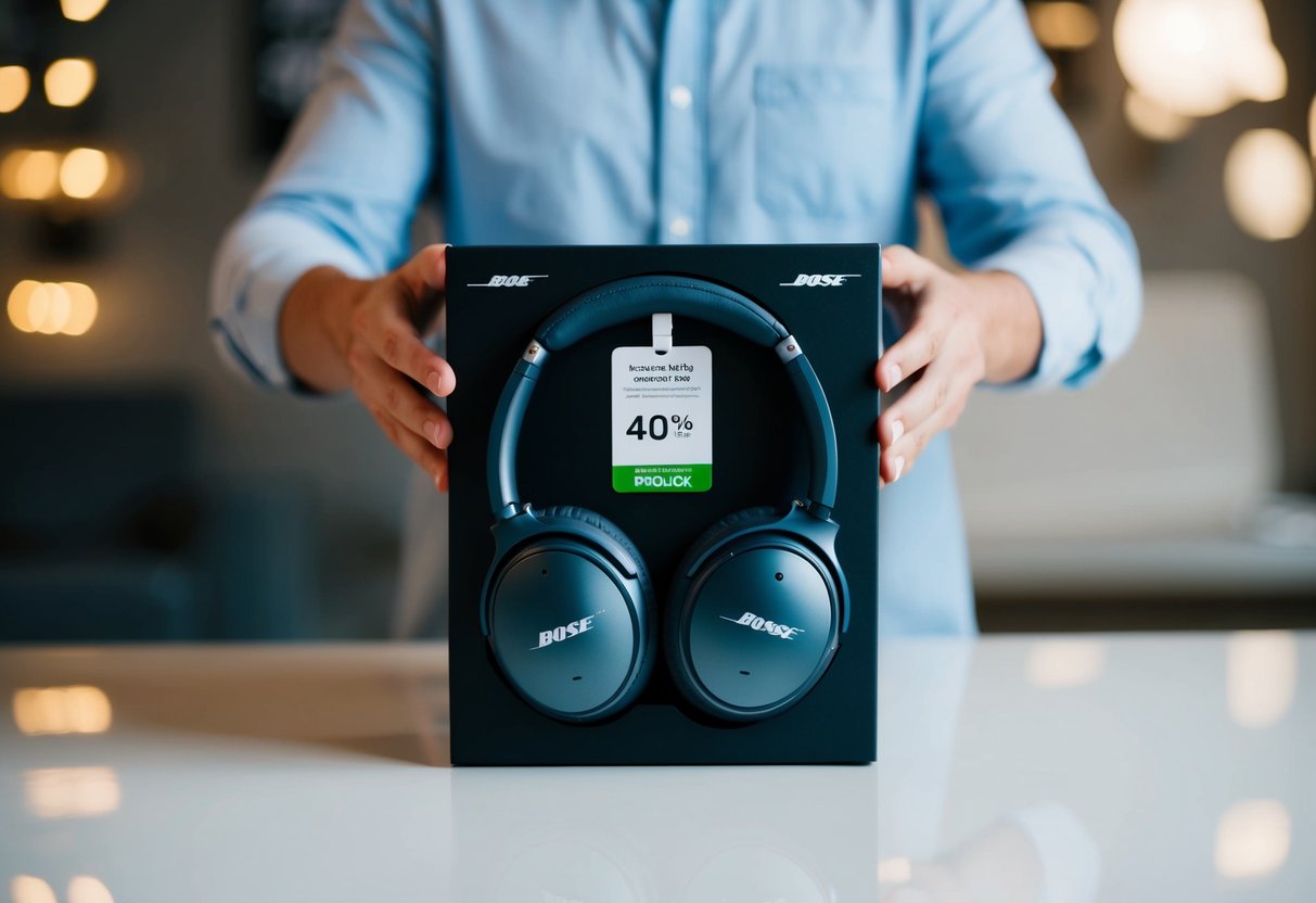 A person unboxing a new pair of Bose headphones with a promotional discount code displayed on the packaging