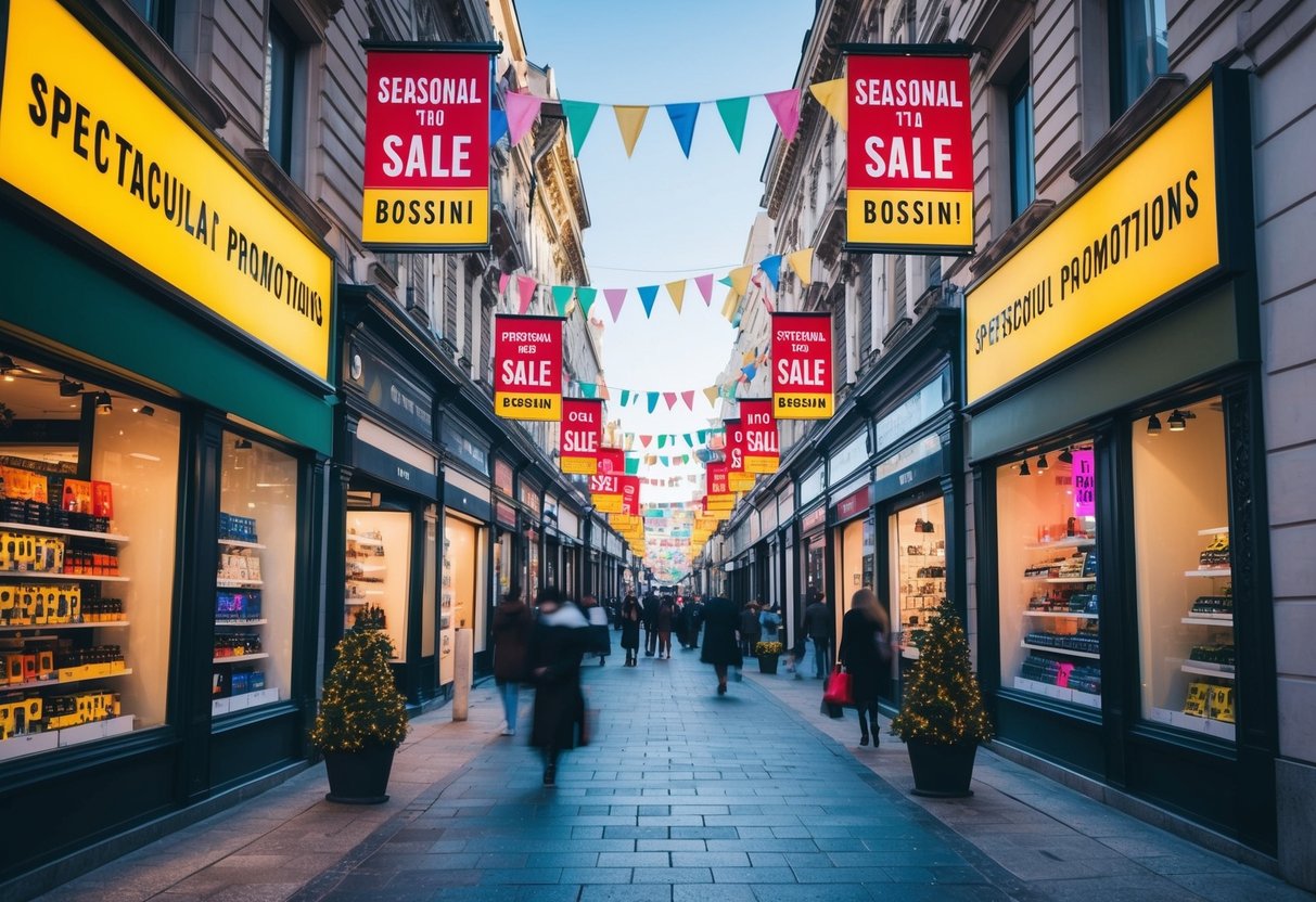 A bustling city street with vibrant storefronts adorned with colorful banners and signs advertising the Seasonal Sale Spectacular bossini promotions