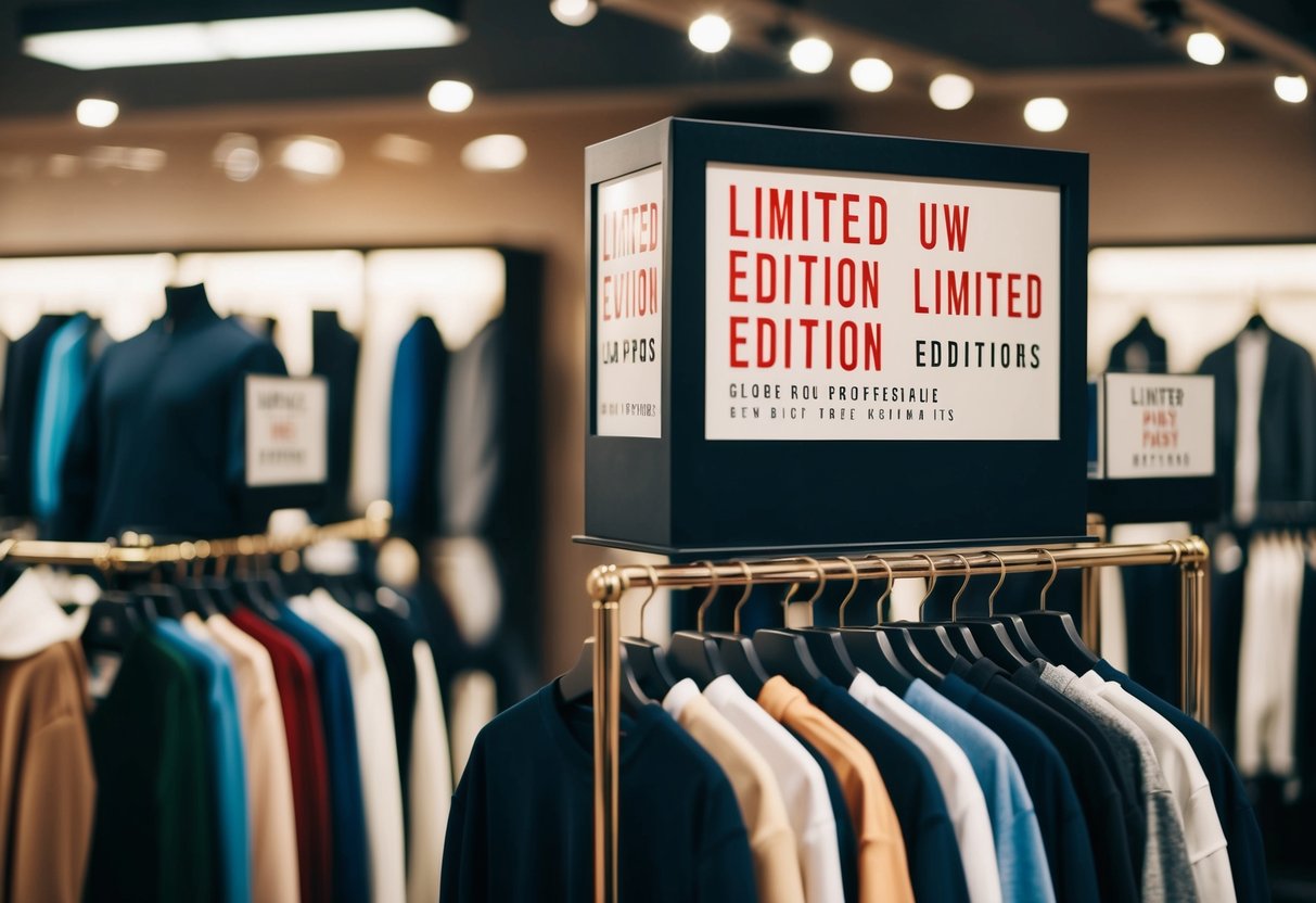 A display of limited edition clothing items with promotional signage