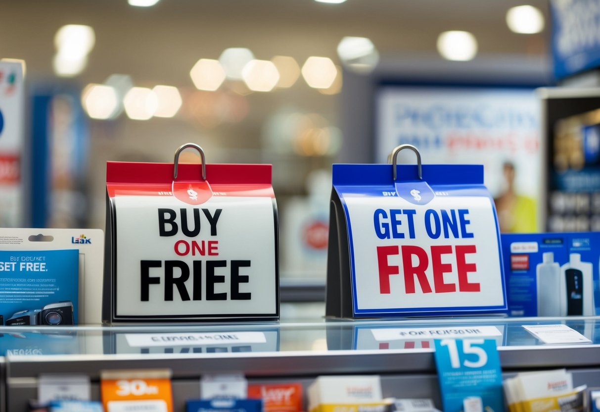 A store display with two identical items, one marked with a "Buy One Get One Free" sign, surrounded by promotional materials