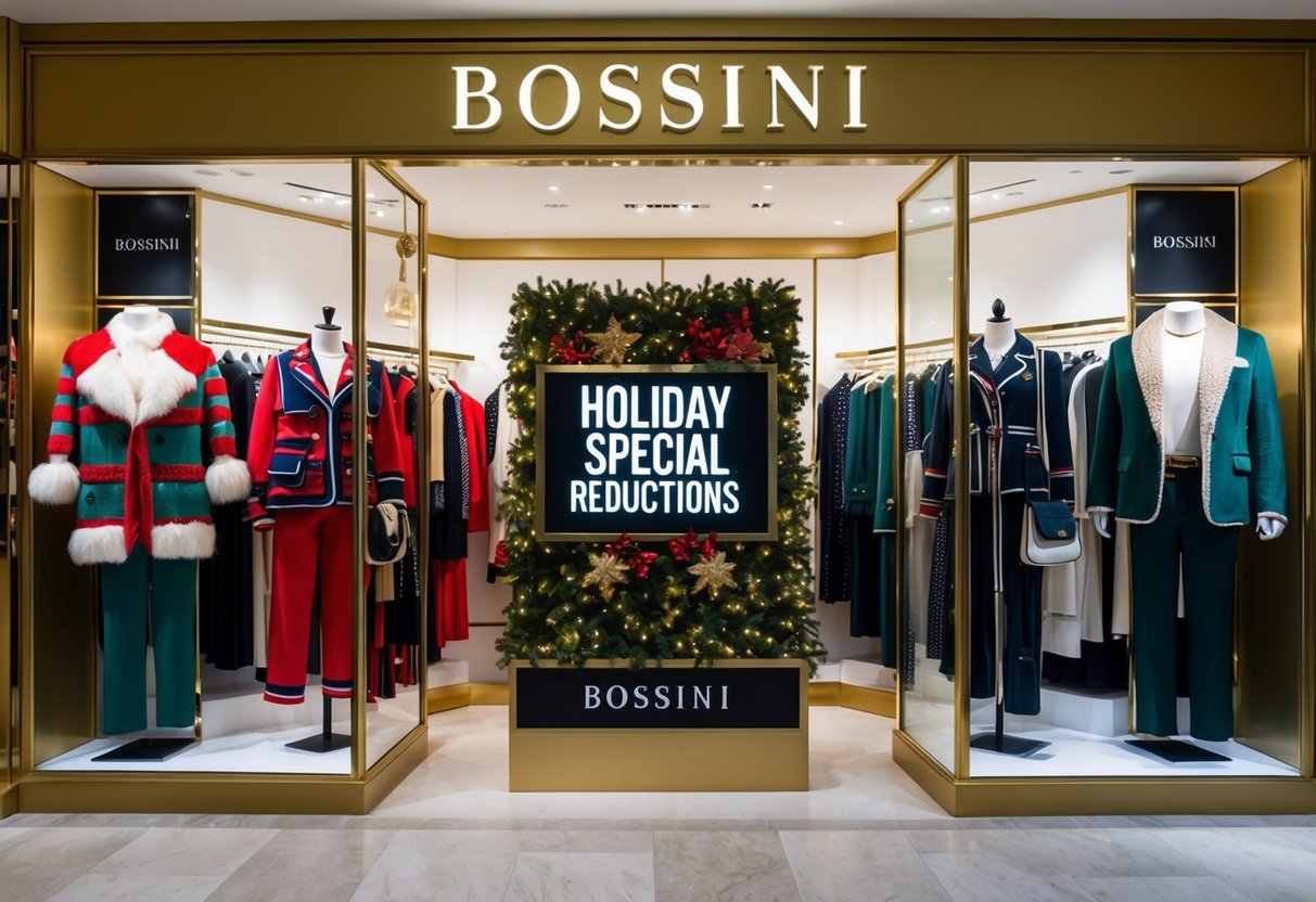 A festive display of holiday-themed clothing with prominent "Holiday Special Reductions" signage at a bossini store