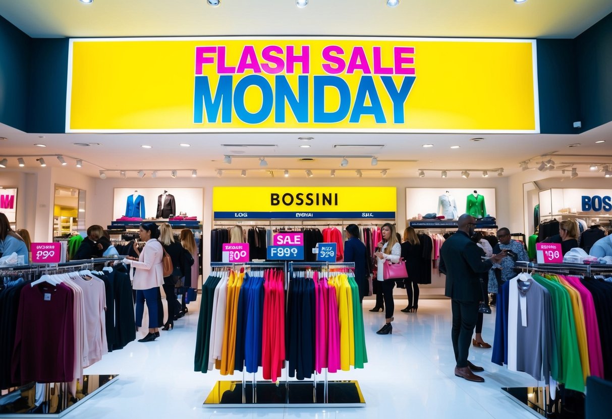 Brightly lit store with bold "Flash Sale Monday" signage. Colorful bossini clothing displays with discounted prices. Busy atmosphere with shoppers browsing and purchasing