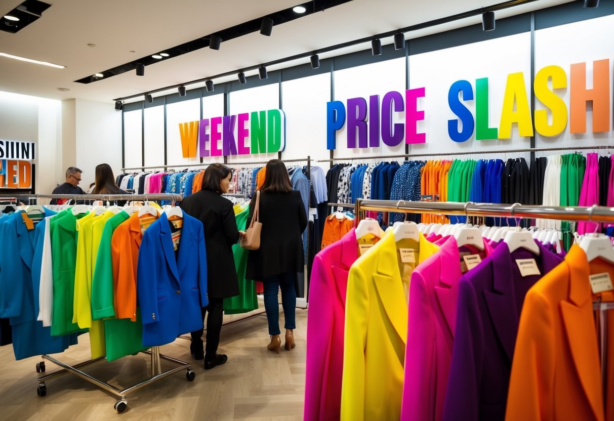 Brightly colored bossini clothing displayed with large "Weekend Price Slashes" signs. Customers browsing through racks