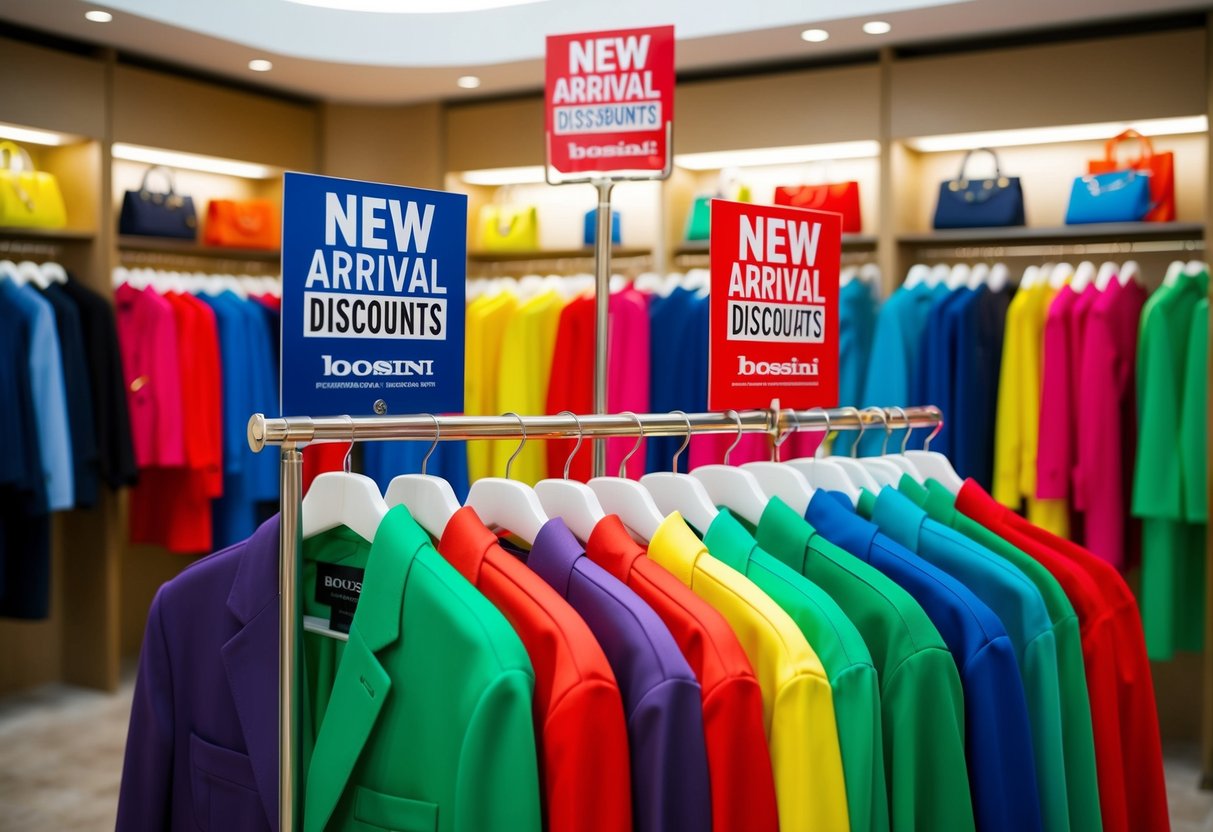 Brightly colored bossini clothing displayed with "New Arrival Discounts" signs