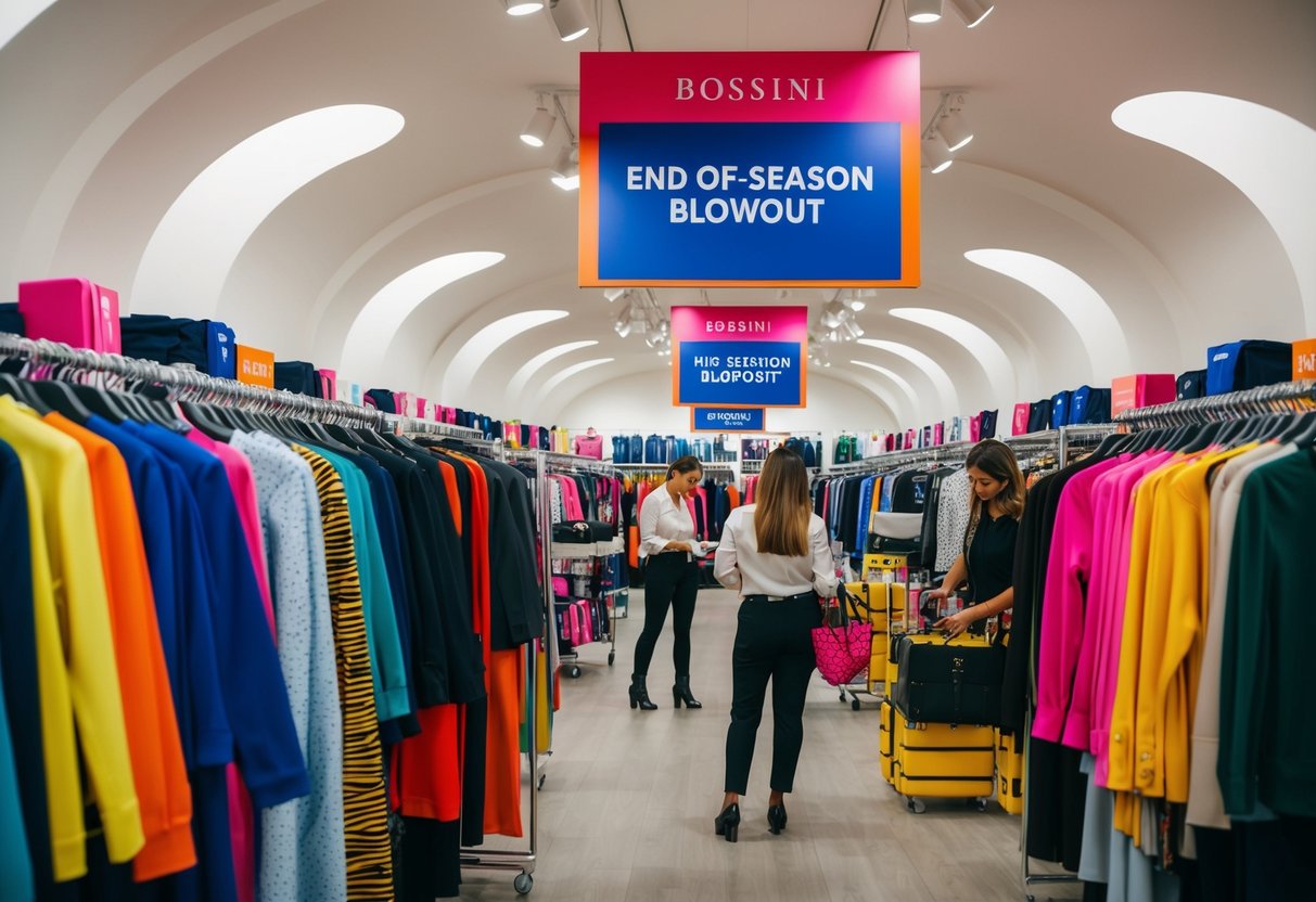 Colorful bossini clothing displayed on racks, with "End-of-Season Blowout" signs. Busy shoppers browsing and staff organizing