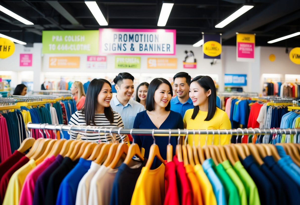 A group of happy customers browsing through racks of colorful clothing with promotional signs and banners displayed throughout the store