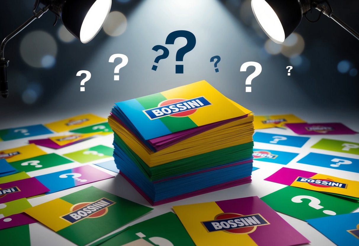 A stack of colorful promotional flyers with the bossini logo, surrounded by question marks and a spotlight overhead