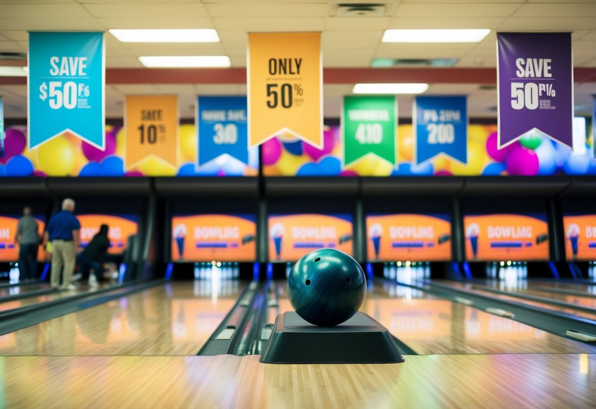 Bowling alley with colorful banners, flashing lights, and people enjoying discounted games and food specials