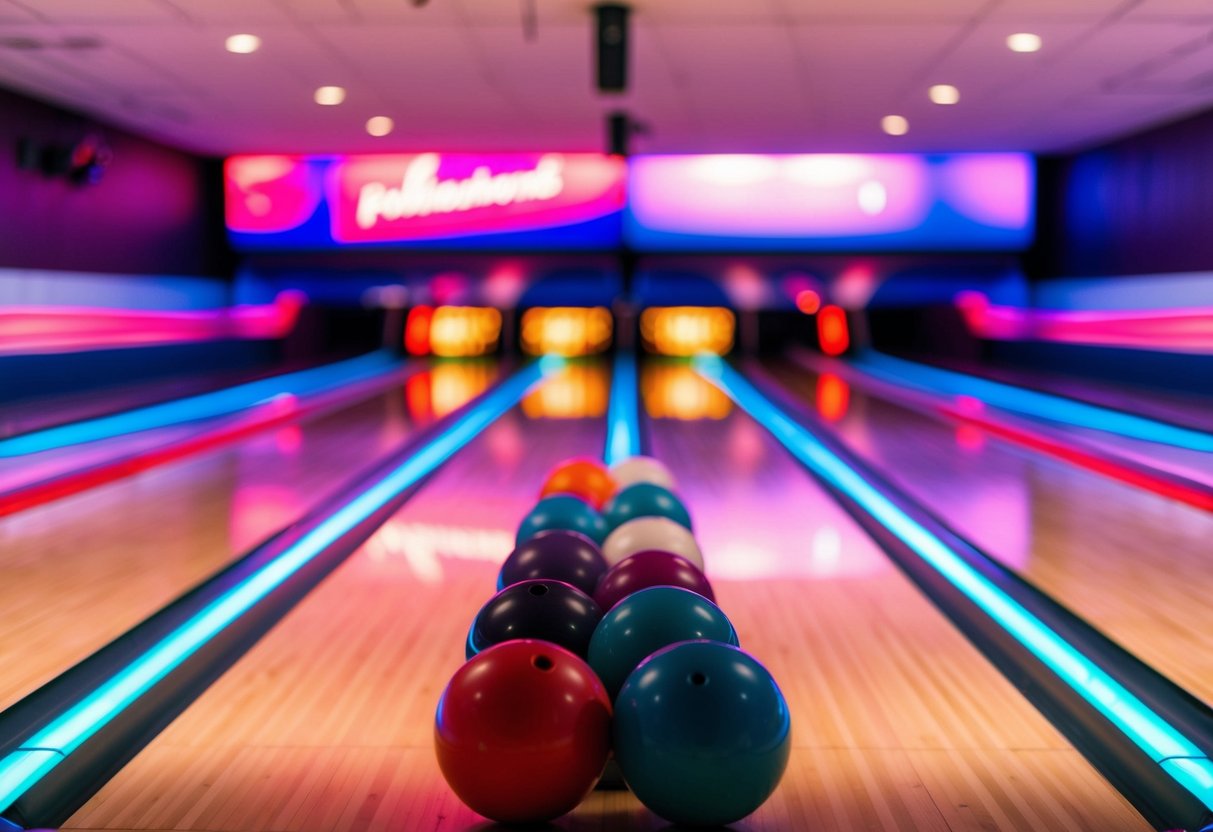 Bowling alley with neon lights, glowing lanes, and colorful balls rolling down