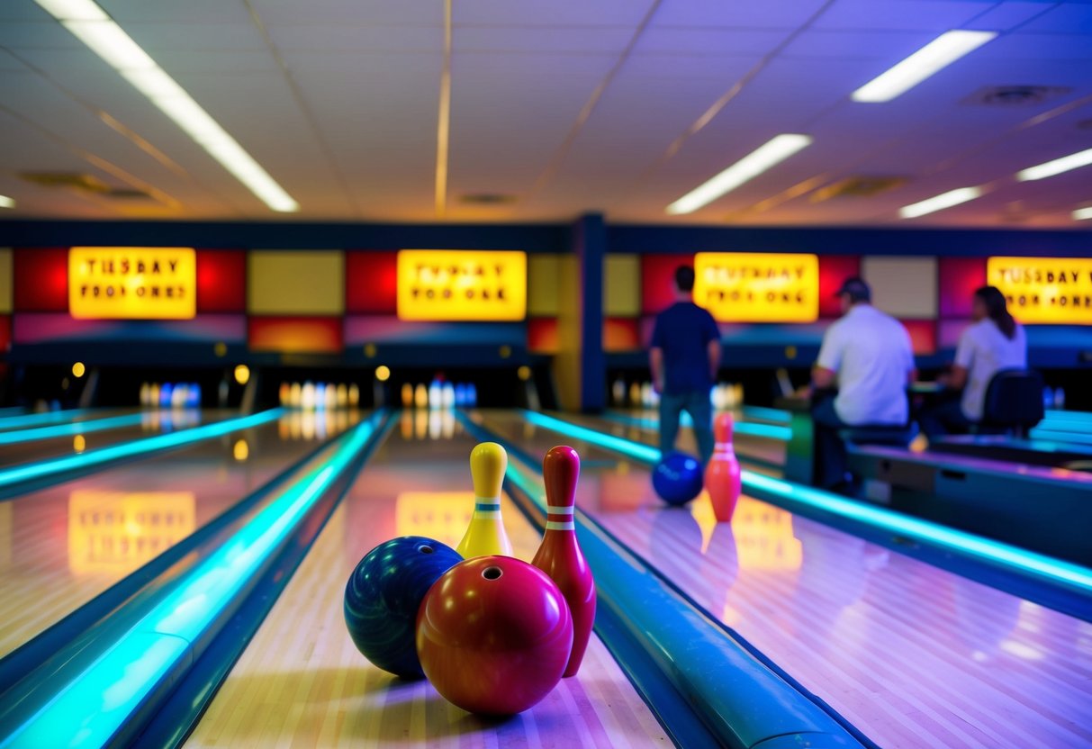Bowling alley with glowing neon lights, colorful balls, and pins. Customers enjoying the Tuesday Two-For-One promotion