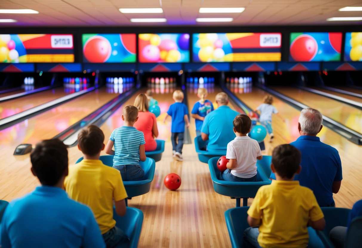 A lively bowling alley filled with families enjoying discounted games and colorful, flashing lights
