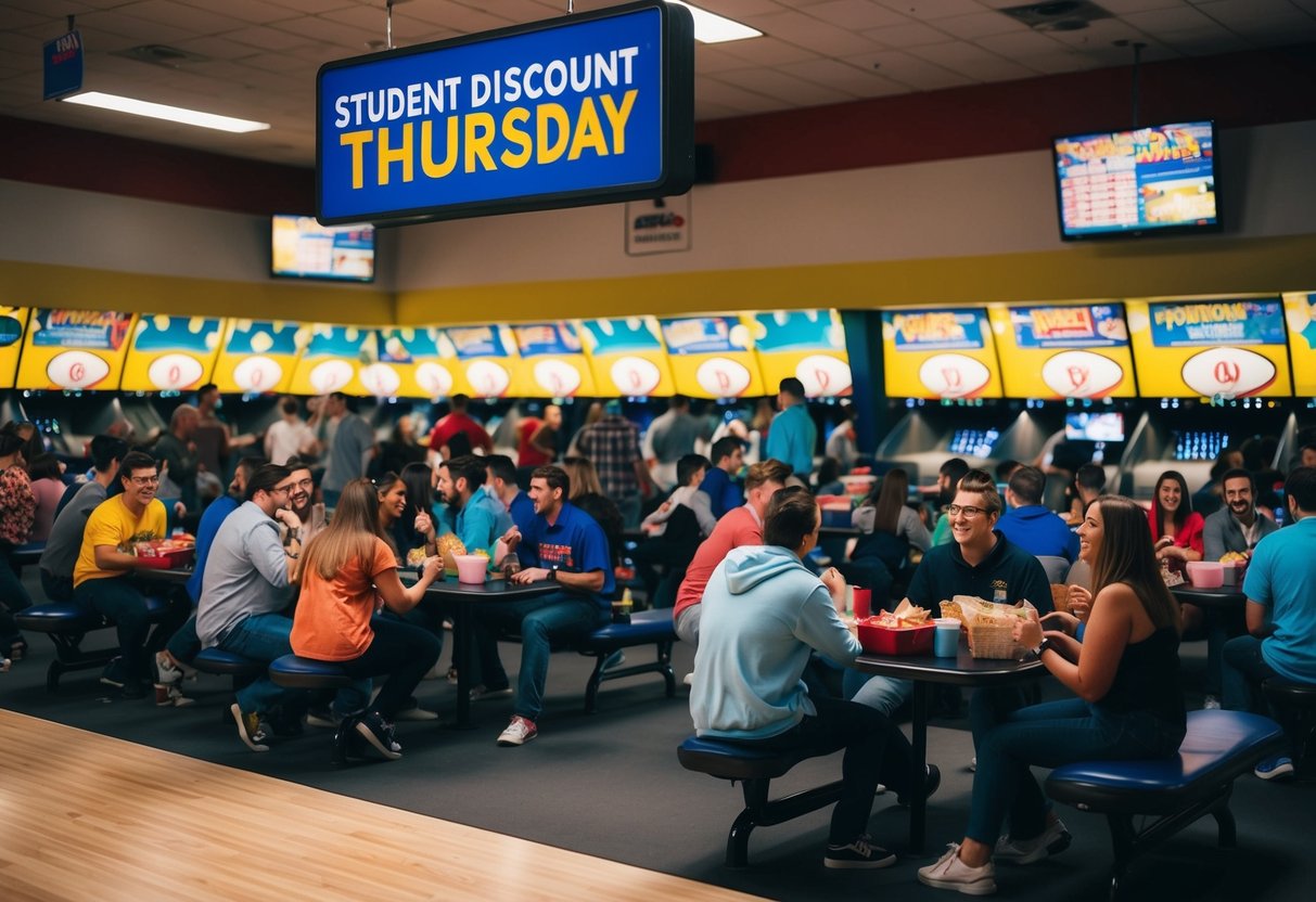 Bowling alley with "Student Discount Thursday" sign, crowded with young patrons enjoying discounted games and snacks