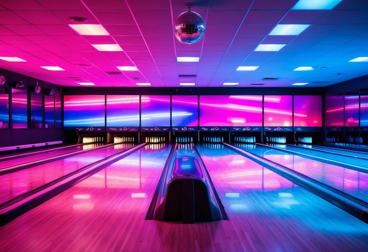 A neon-lit bowling alley with colorful glowing lanes, vibrant flashing lights, and disco ball reflections