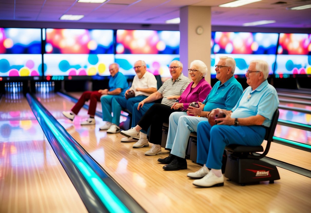 A group of seniors enjoying discounted bowling on a Sunday, with bright lights and colorful lanes