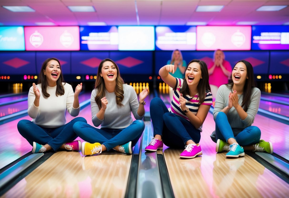 Bowling alley with neon lights, colorful shoes, and groups of women laughing and cheering as they bowl