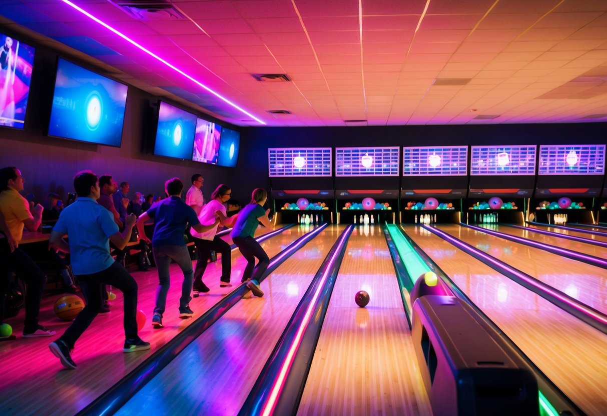 Bowling alley at night, neon lights, glowing lanes, disco ball, colorful pins, energetic music, crowded lanes, excited bowlers