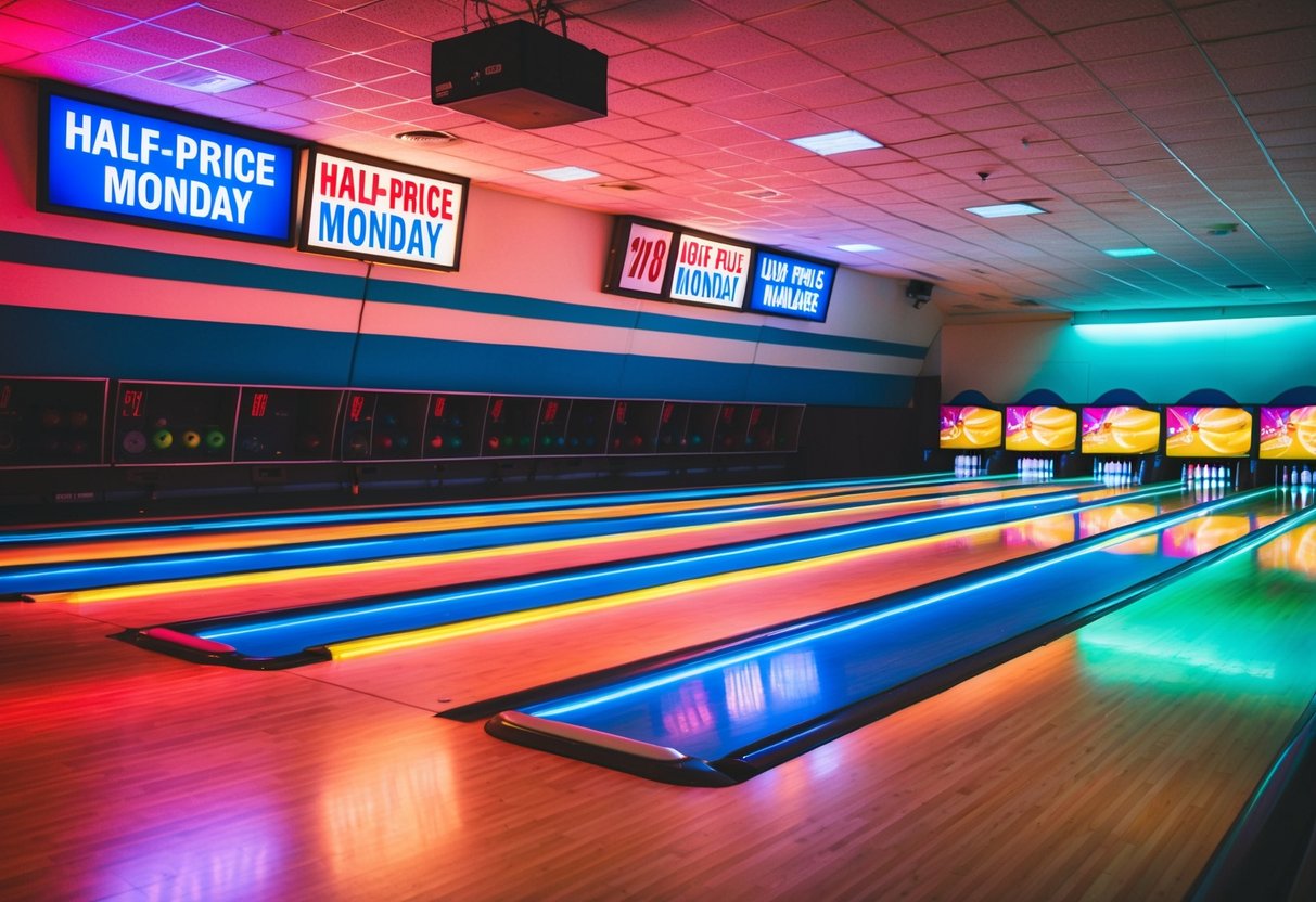 Bowling alley with neon lights, colorful lanes, and half-price Monday promotion signage