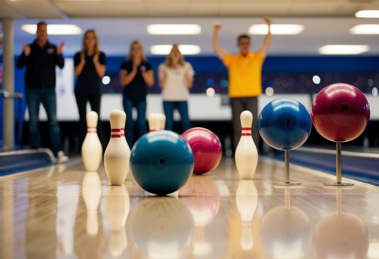 Colored bowling balls rolling towards pins on a polished alley with team members cheering in the background