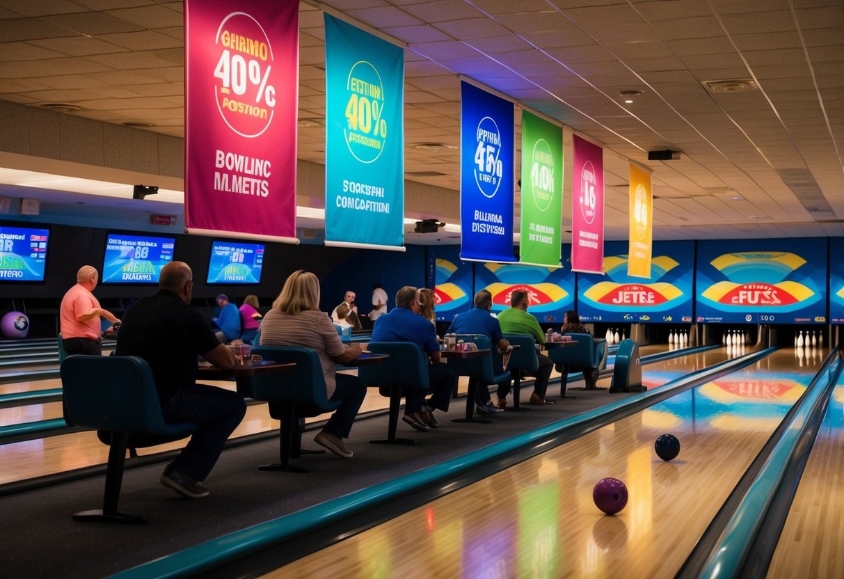 A bowling alley with colorful promotional banners, glowing neon lights, and people enjoying discounted games and prizes