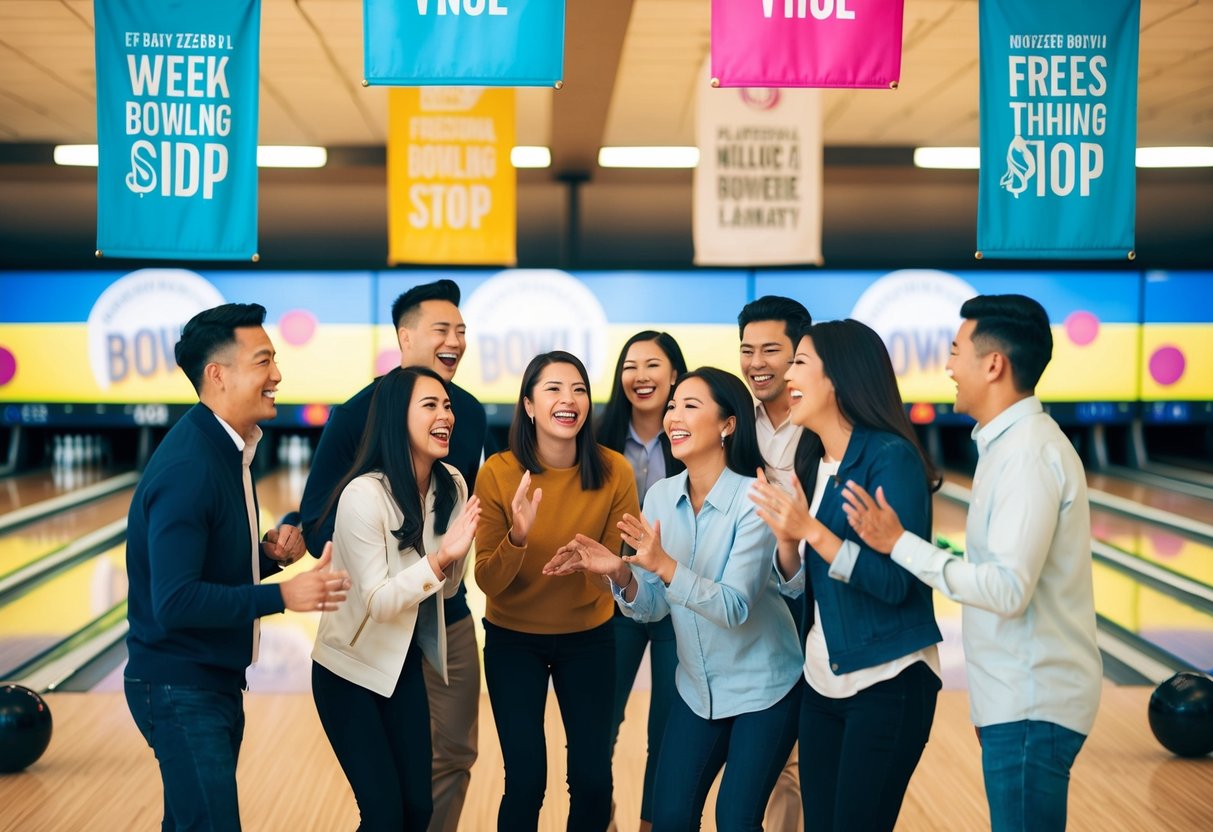 A group of people gather around a bowling alley, with colorful promotional banners hanging overhead. Excited faces and laughter fill the air as they enjoy the successful bowling promotions