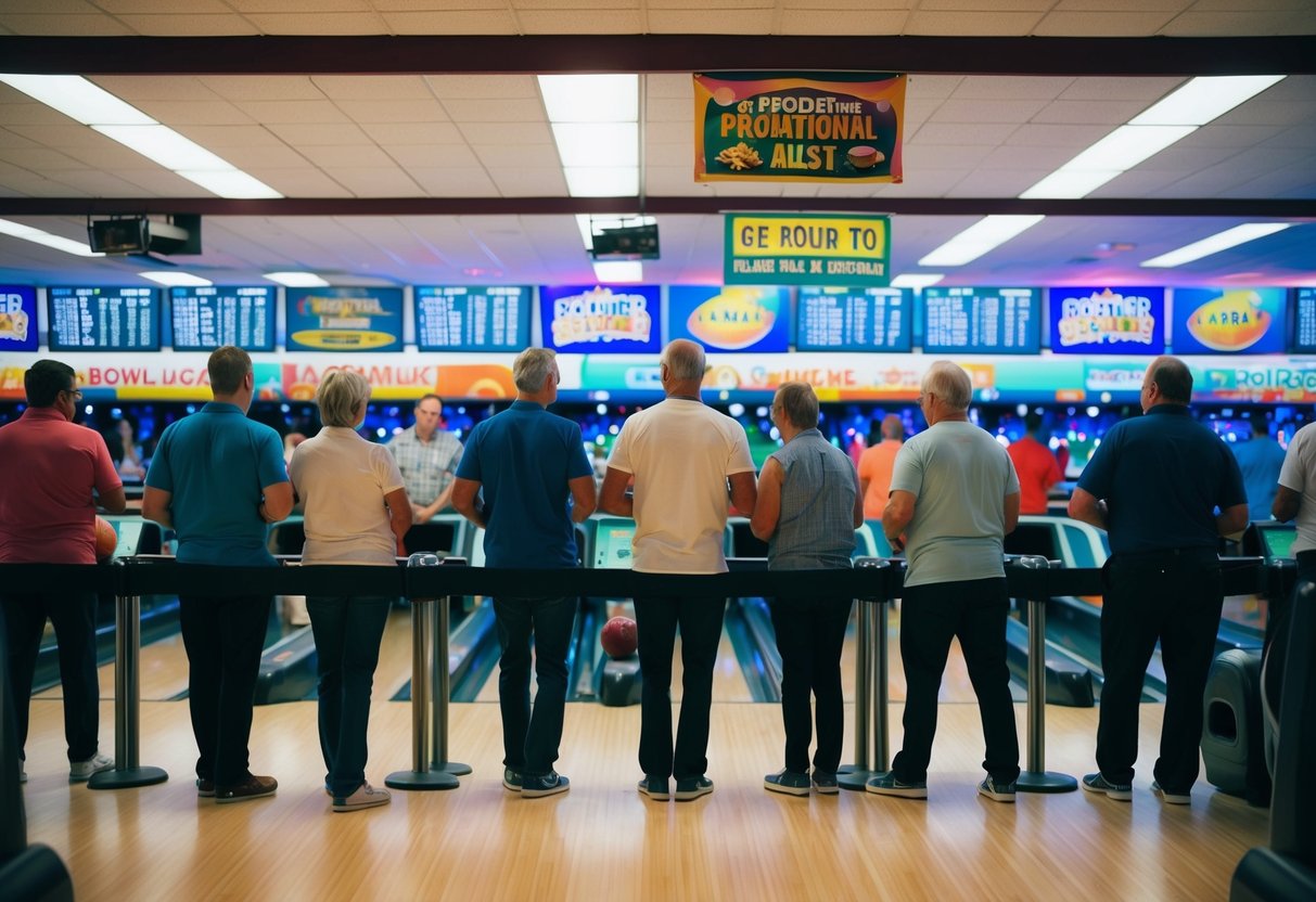 A crowded bowling alley with people lining up at the front desk, while colorful promotional banners hang from the ceiling