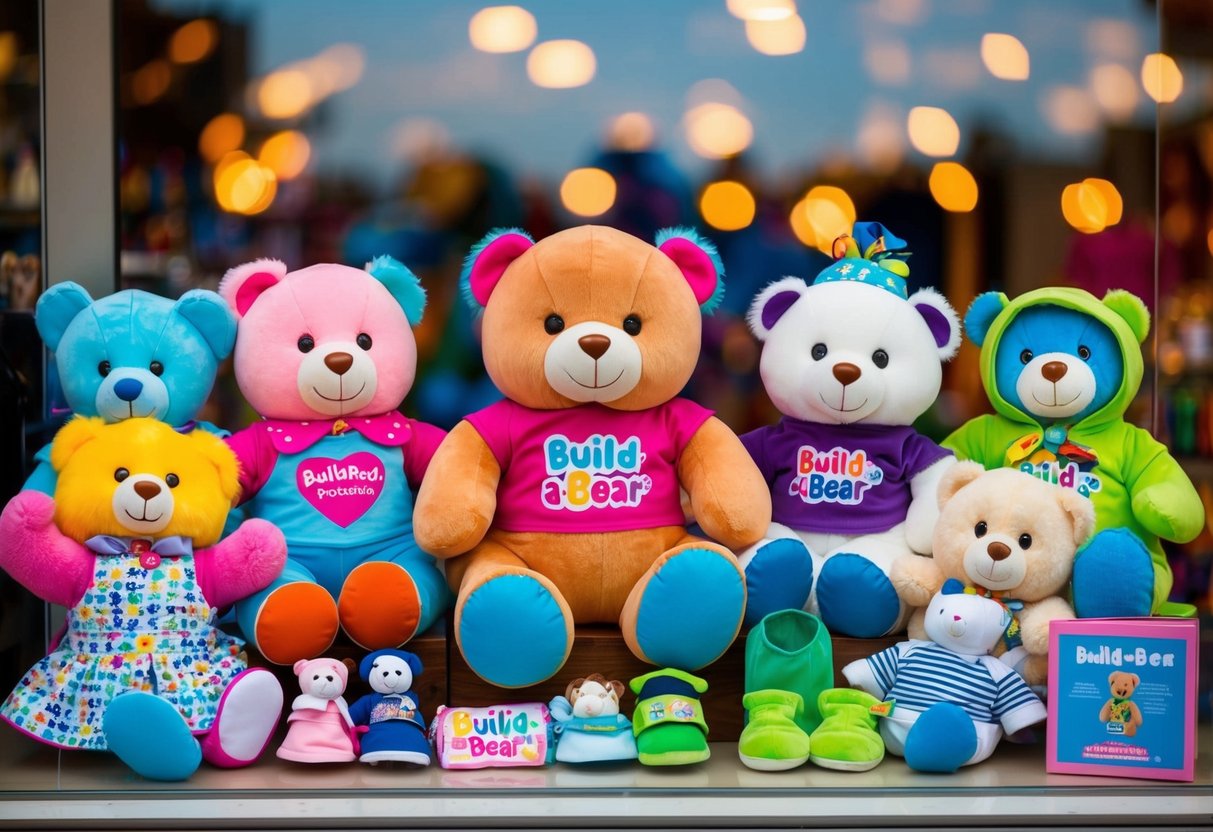 A colorful display of Build-A-Bear promotional items, including stuffed animals, clothing, and accessories, arranged attractively in a store window